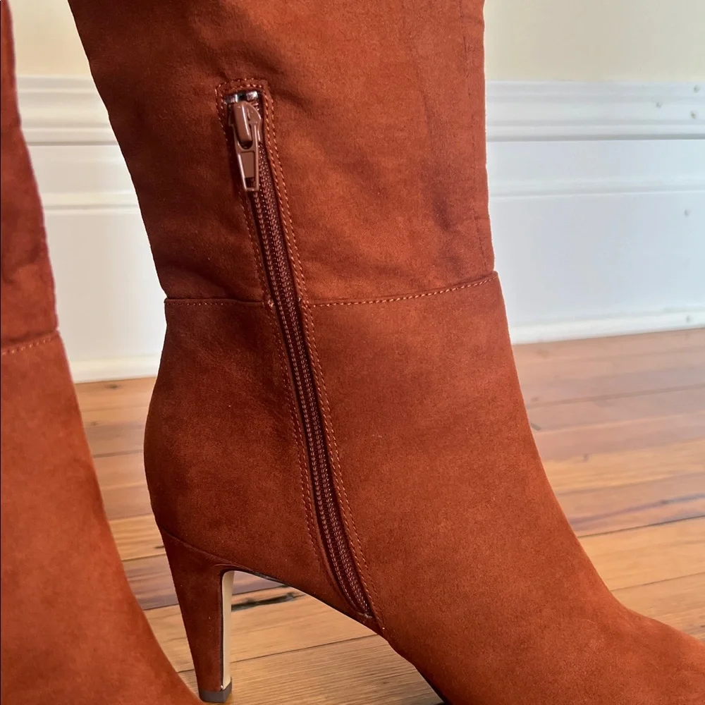 LOFT Chic Tipped Wanderweave Faux Suede Tall Heeled Boot Cognac Size 9 - Picture 4 of 12